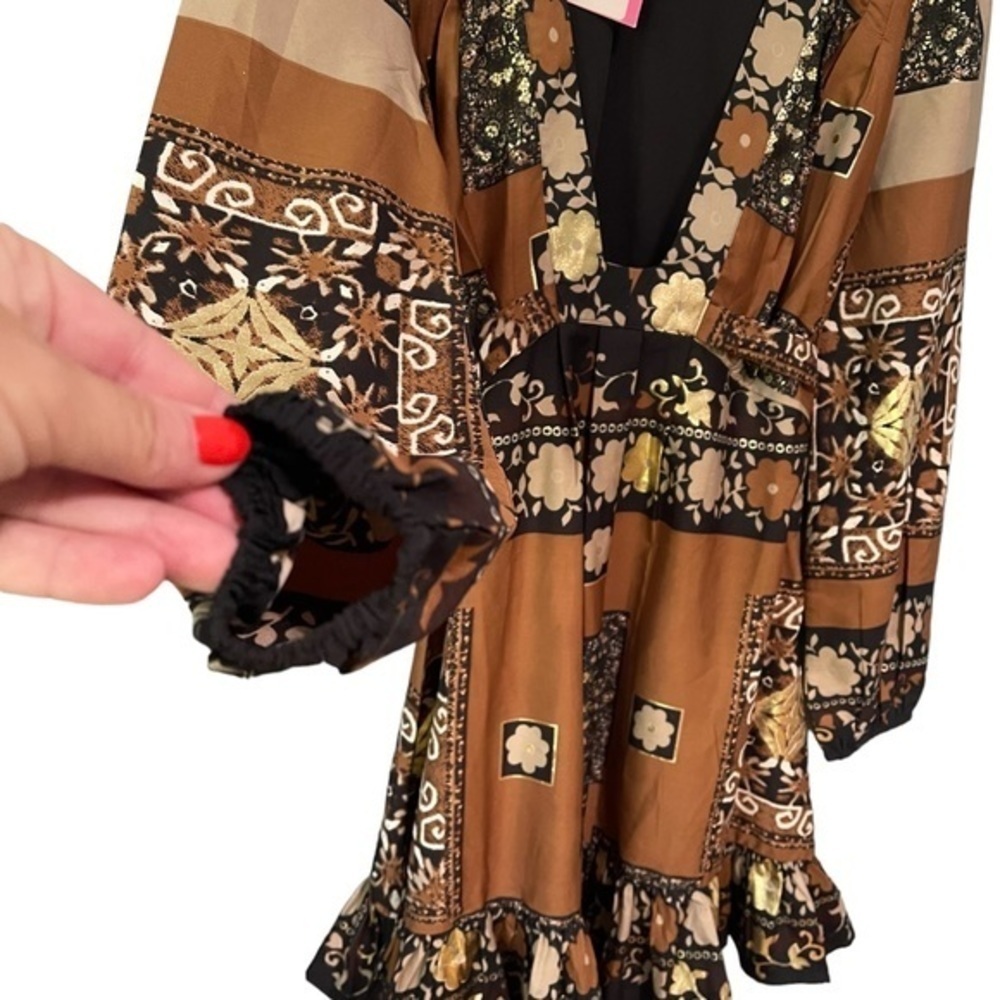 Chelsea & Violet Brown Gold Floral Plunge Mini Dress NWT XS Boho Festival - Picture 6 of 11